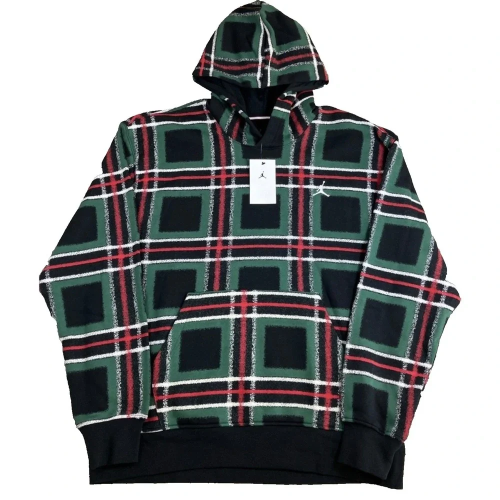 New NIKE Jordan‎ Essentials Green Red Plaid Fleece Pullover Hoodie Men's XXL
